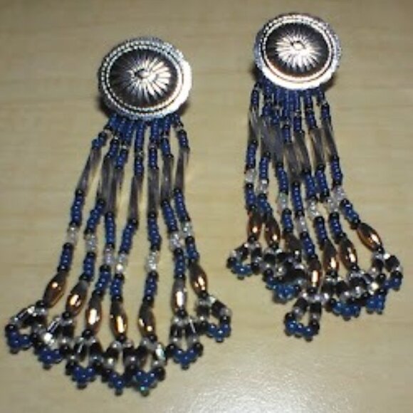 Jewelry - Silver Tone Blue Glass Beads Pierce Earrings 3" Long